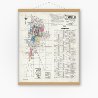 Old map wall art mockup — magnetic wood frame on white wall — Sanborn Fire Insurance Map from Centralia, Marion, Clinton, Jefferson, and Washington Counties, Illinois (1924), Sheet #0001