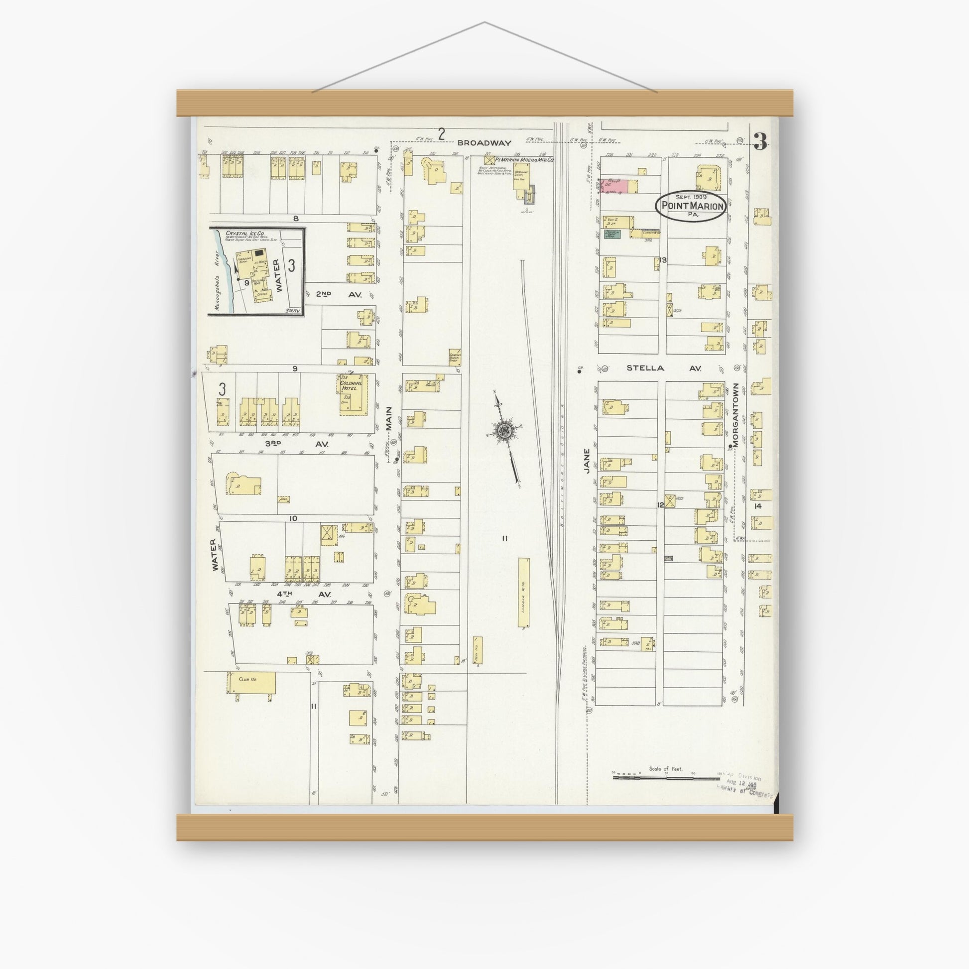 Old map wall art mockup — magnetic wood frame on white wall — Sanborn Fire Insurance Map from Point Marion, Fayette County, Pennsylvania (1909), Sheet #0003