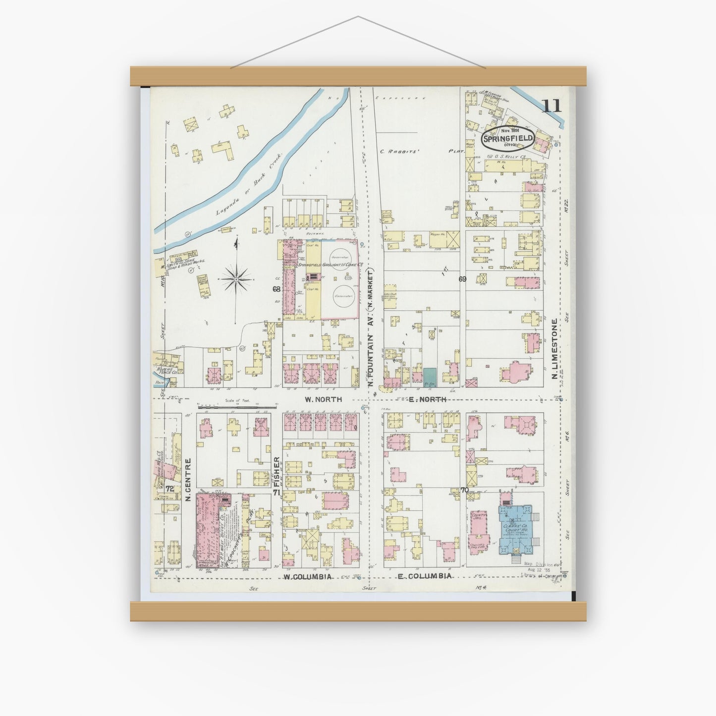 Old map wall art mockup — magnetic wood frame on white wall — Sanborn Fire Insurance Map from Springfield, Clark County, Ohio (1891), Sheet #0011