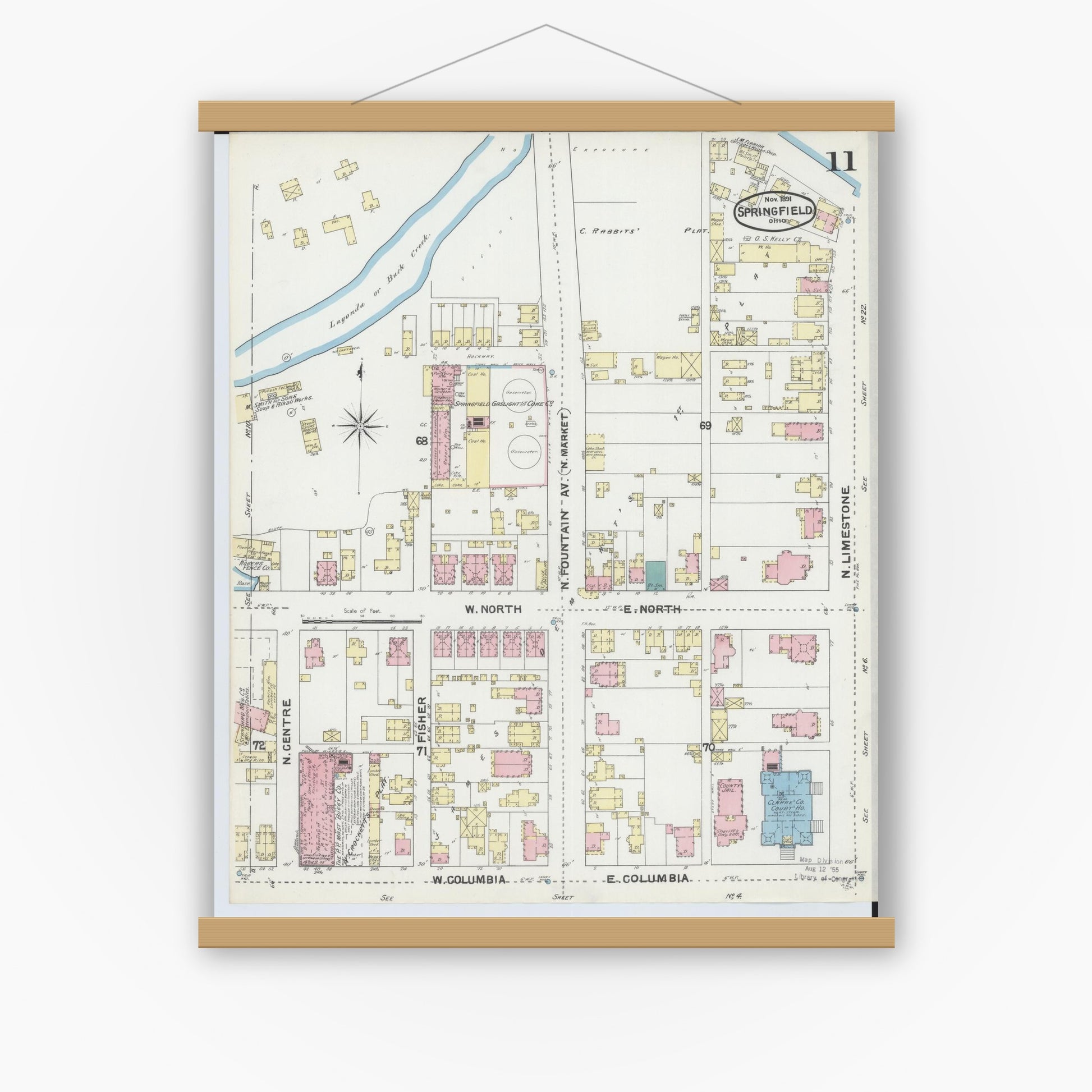 Old map wall art mockup — magnetic wood frame on white wall — Sanborn Fire Insurance Map from Springfield, Clark County, Ohio (1891), Sheet #0011