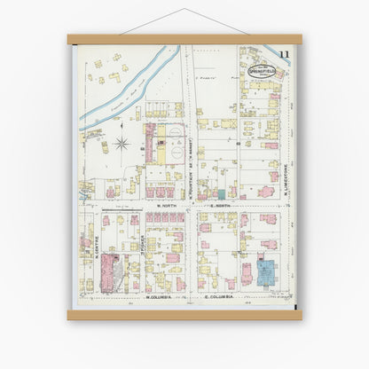Old map wall art mockup — magnetic wood frame on white wall — Sanborn Fire Insurance Map from Springfield, Clark County, Ohio (1891), Sheet #0011