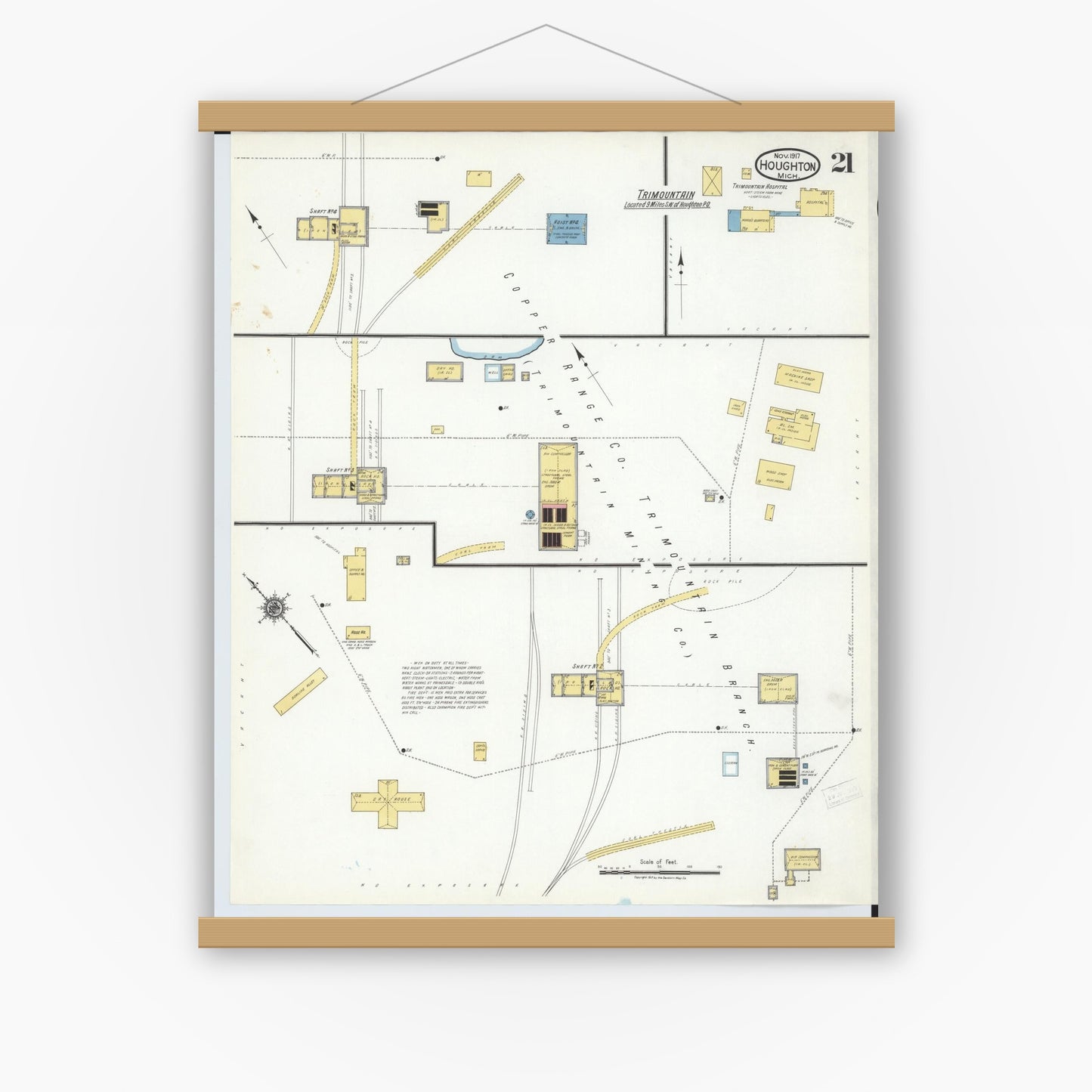 Old map wall art mockup — magnetic wood frame on white wall — Sanborn Fire Insurance Map from Houghton, Houghton County, Michigan (1917), Sheet #0021