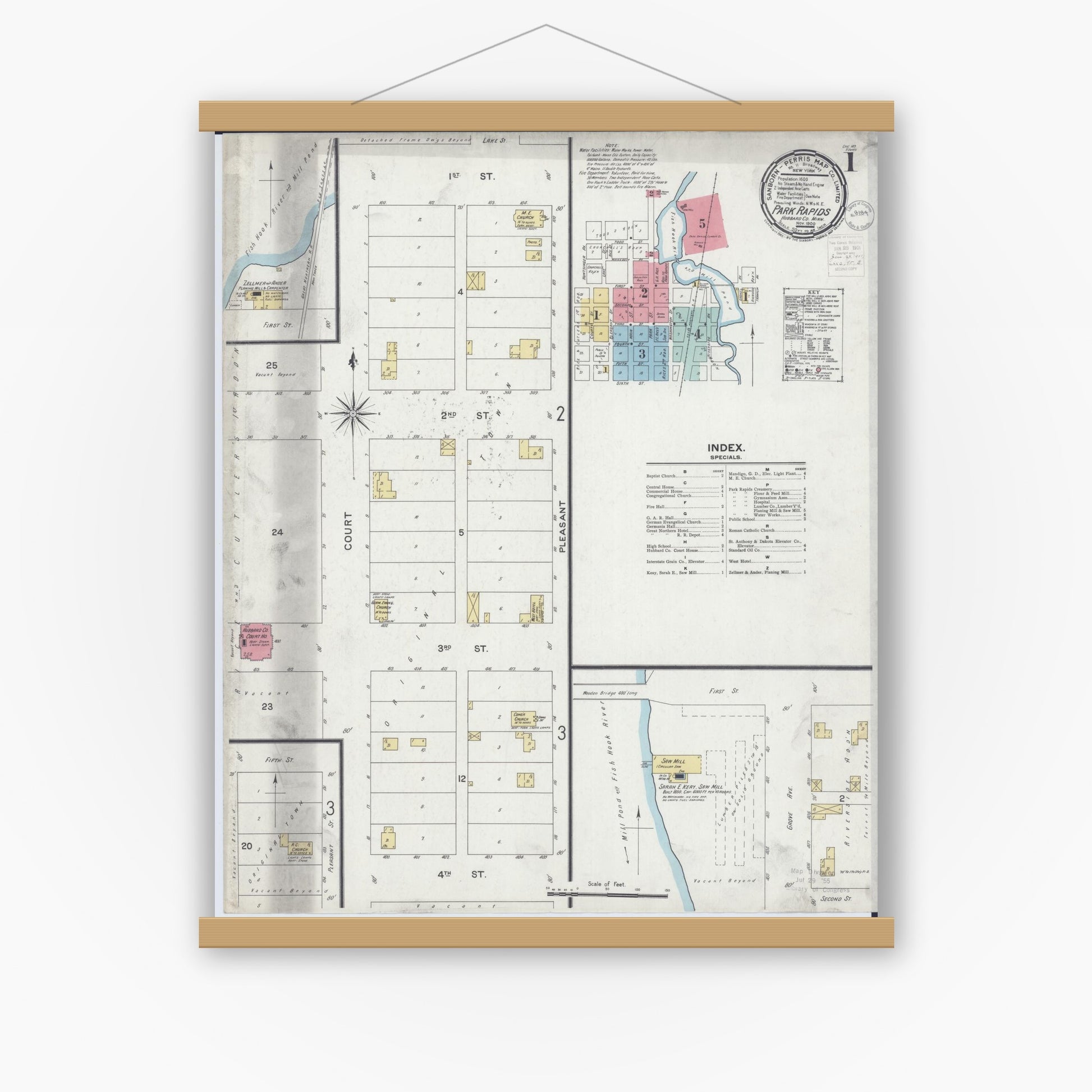 Old map wall art mockup — magnetic wood frame on white wall — Sanborn Fire Insurance Map from Park Rapids, Hubbard County, Minnesota (1900) - Complete Map Set