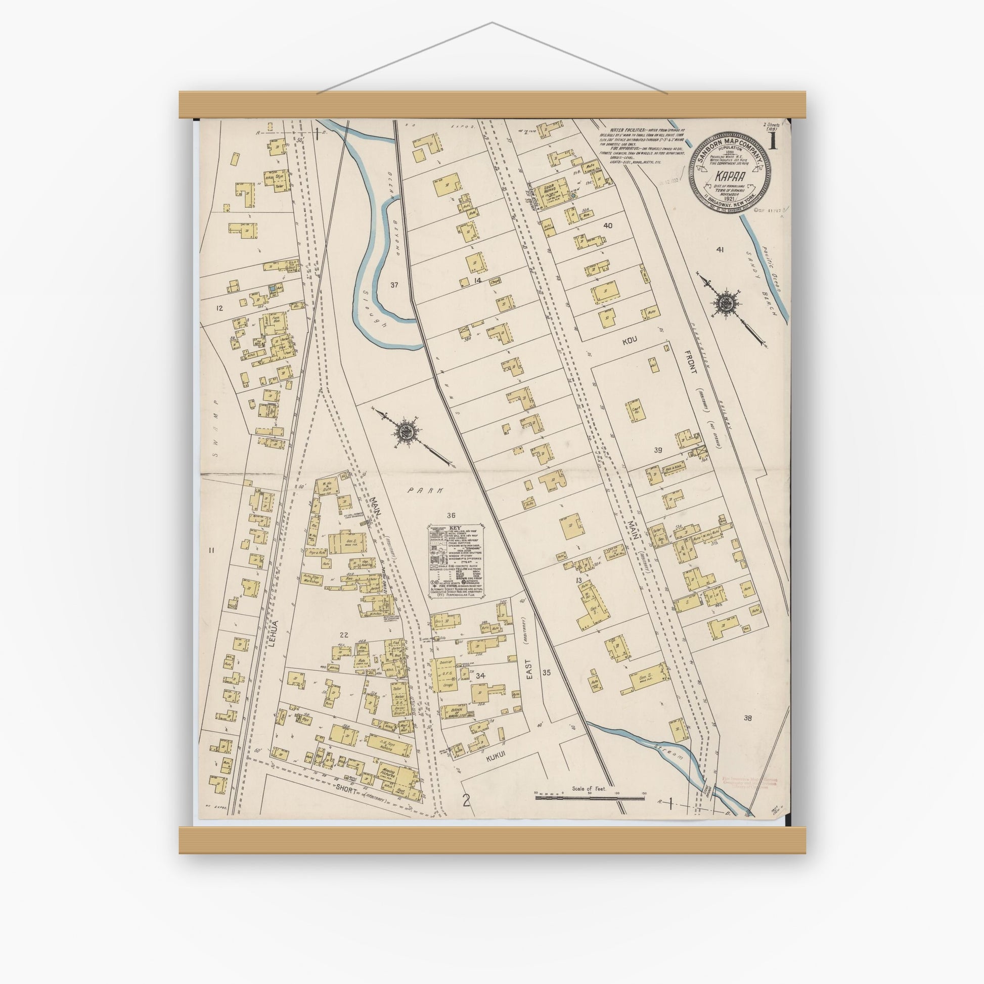 Old map wall art mockup — magnetic wood frame on white wall — Sanborn Fire Insurance Map from Kapaa, Kauai County, Hawaii (1921) - Complete Map Set