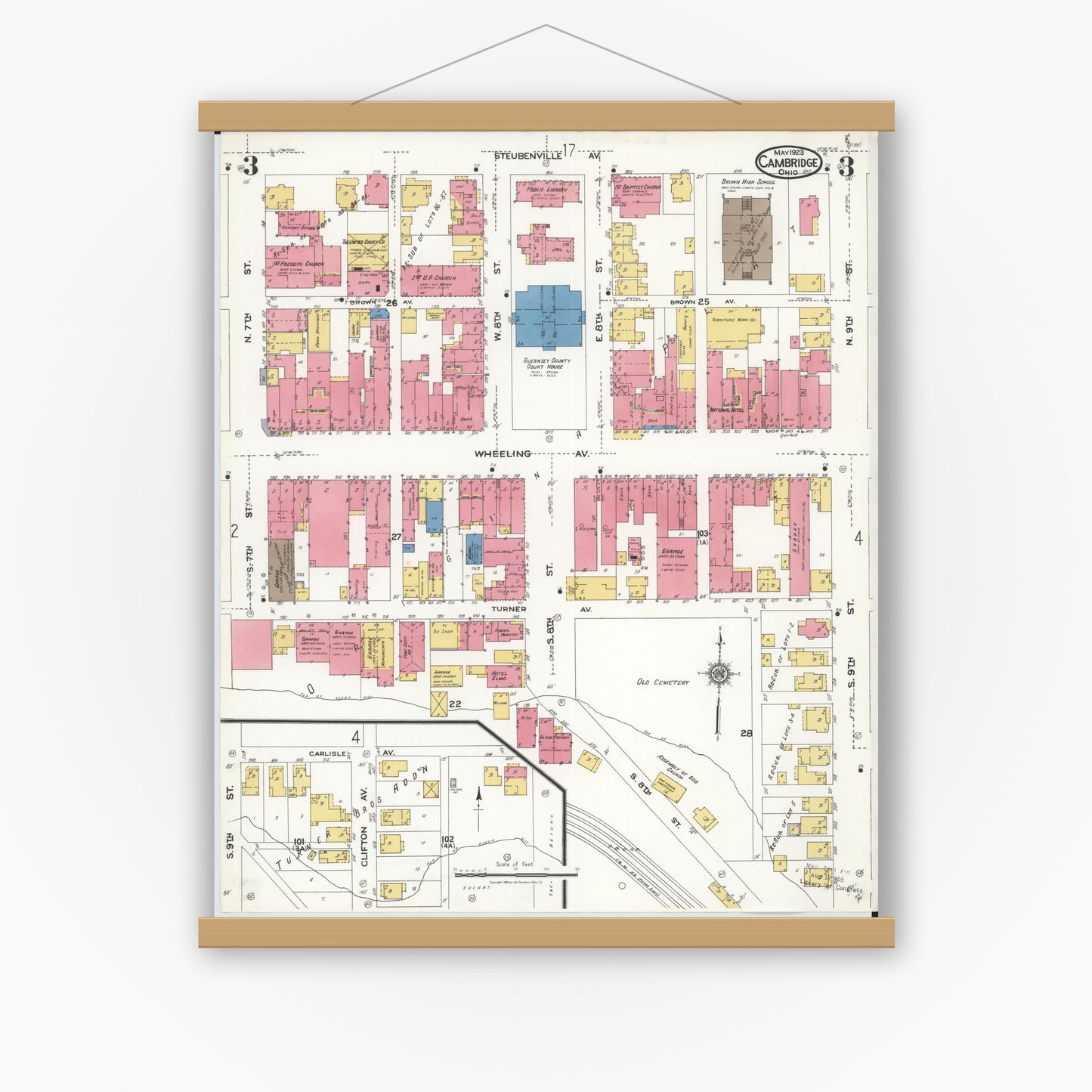 Old map wall art mockup — magnetic wood frame on white wall — Sanborn Fire Insurance Map from Cambridge, Guernsey County, Ohio (1923), Sheet #0003