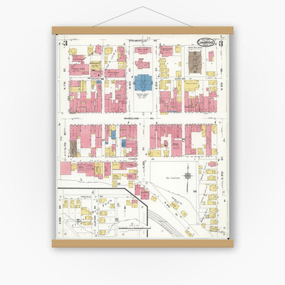 Old map wall art mockup — magnetic wood frame on white wall — Sanborn Fire Insurance Map from Cambridge, Guernsey County, Ohio (1923), Sheet #0003