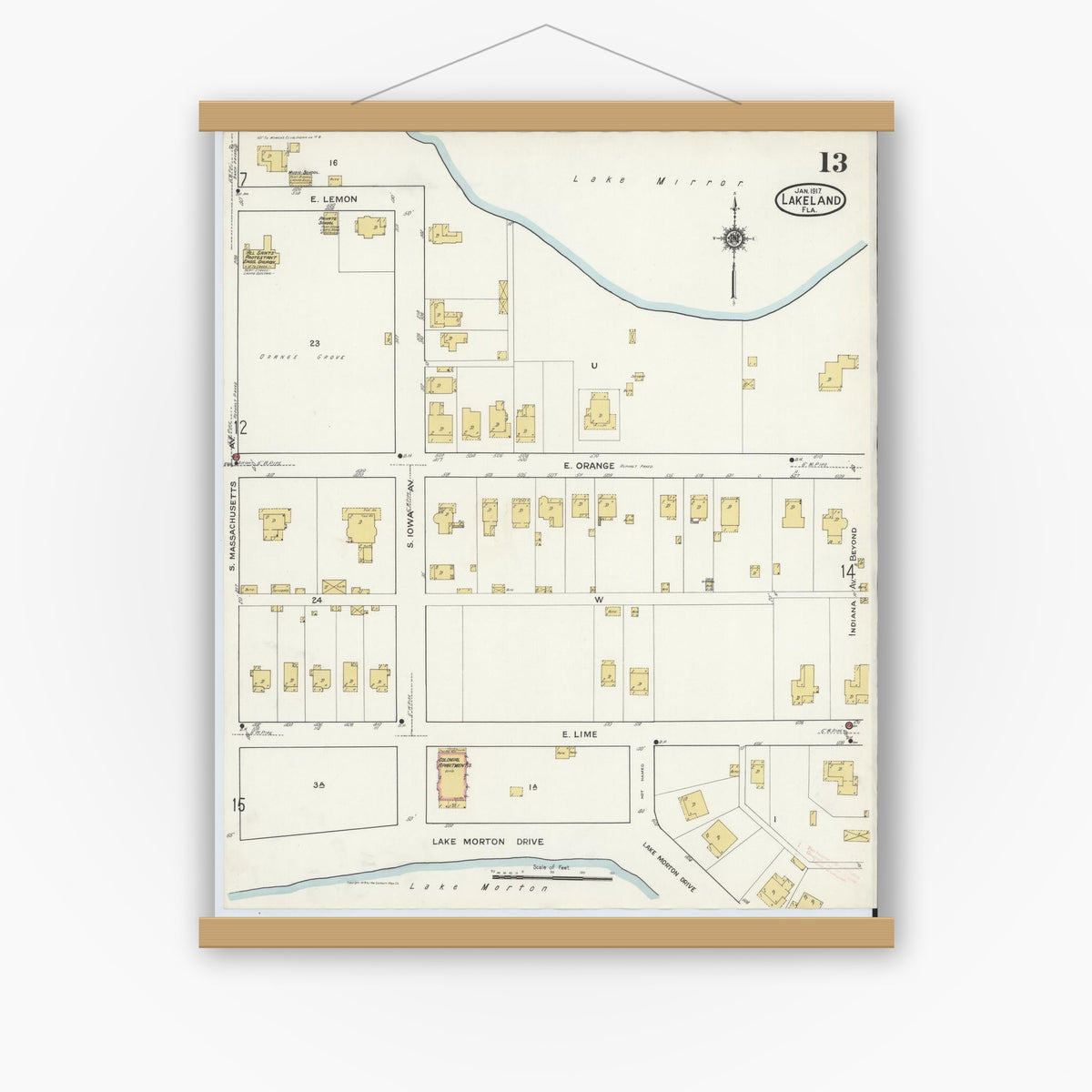 Old map wall art mockup — magnetic wood frame on white wall — Sanborn Fire Insurance Map from Lakeland, Polk County, Florida (1917), Sheet #0013