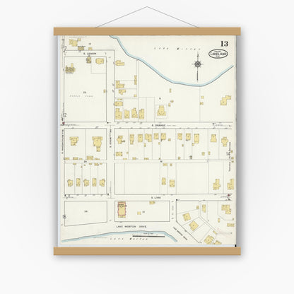 Old map wall art mockup — magnetic wood frame on white wall — Sanborn Fire Insurance Map from Lakeland, Polk County, Florida (1917), Sheet #0013