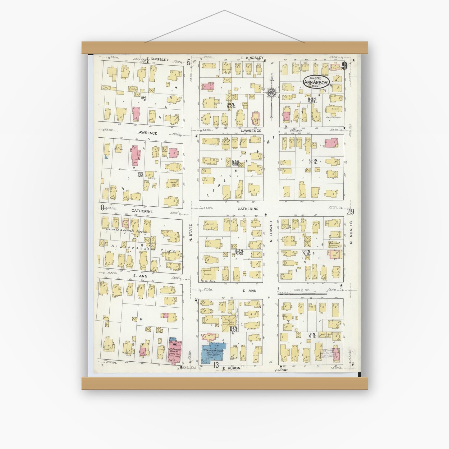 Old map wall art mockup — magnetic wood frame on white wall — Sanborn Fire Insurance Map from Ann Arbor, Washtenaw County, Michigan (1916), Sheet #0009