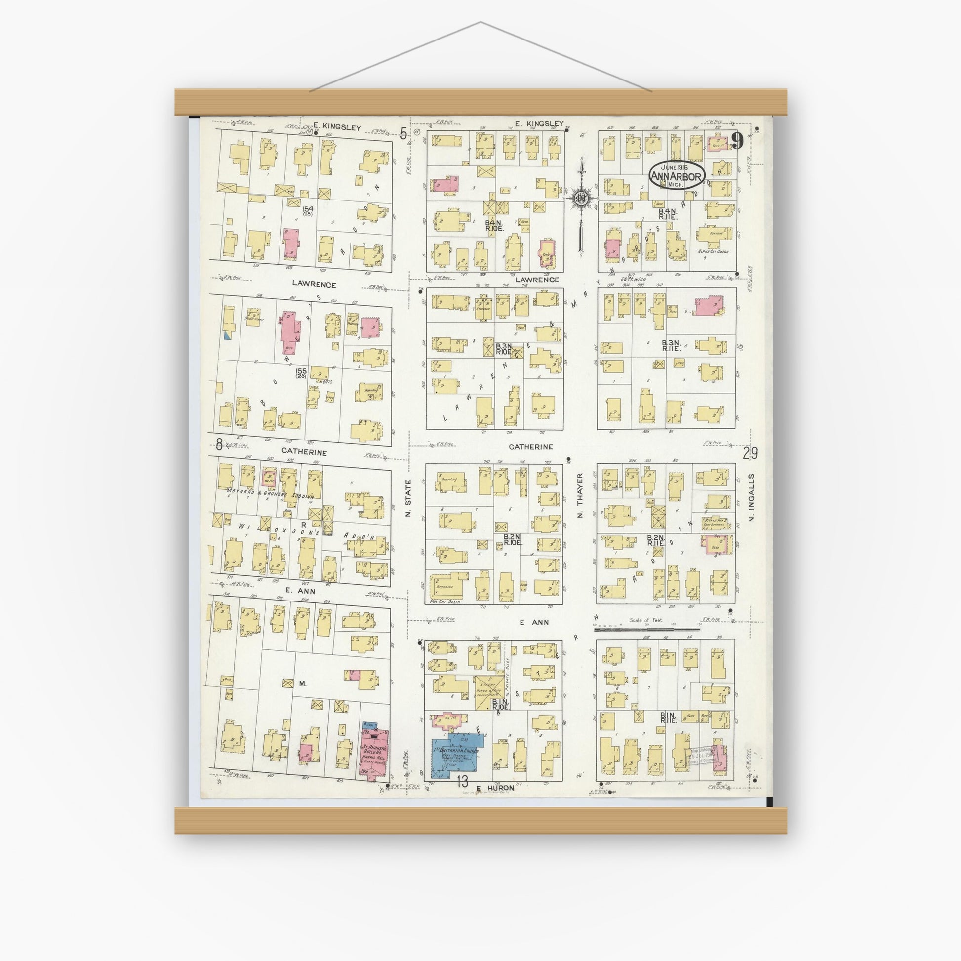 Old map wall art mockup — magnetic wood frame on white wall — Sanborn Fire Insurance Map from Ann Arbor, Washtenaw County, Michigan (1916), Sheet #0009