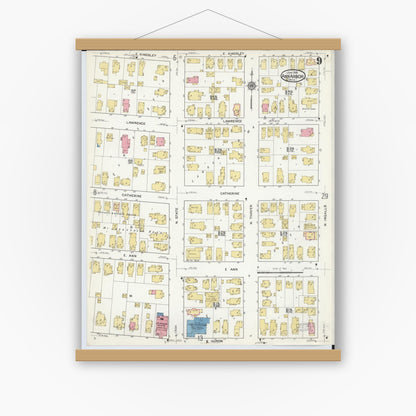 Old map wall art mockup — magnetic wood frame on white wall — Sanborn Fire Insurance Map from Ann Arbor, Washtenaw County, Michigan (1916), Sheet #0009