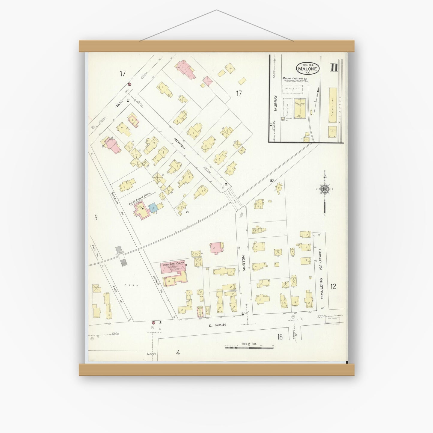 Old map wall art mockup — magnetic wood frame on white wall — Sanborn Fire Insurance Map from Malone, Franklin County, New York (1914), Sheet #0011