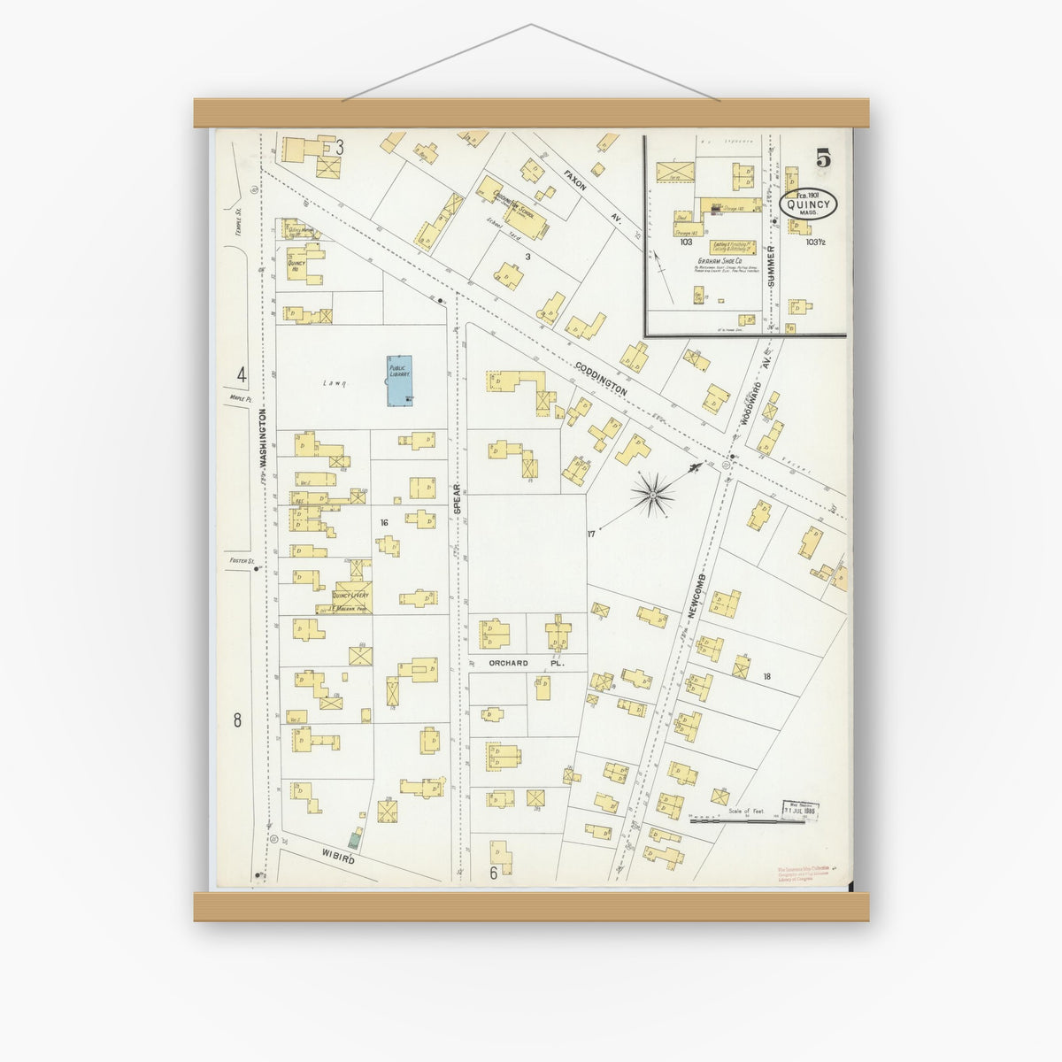 Old map wall art mockup — magnetic wood frame on white wall — Sanborn Fire Insurance Map from Quincy, Norfolk County, Massachusetts (1901), Sheet #0005