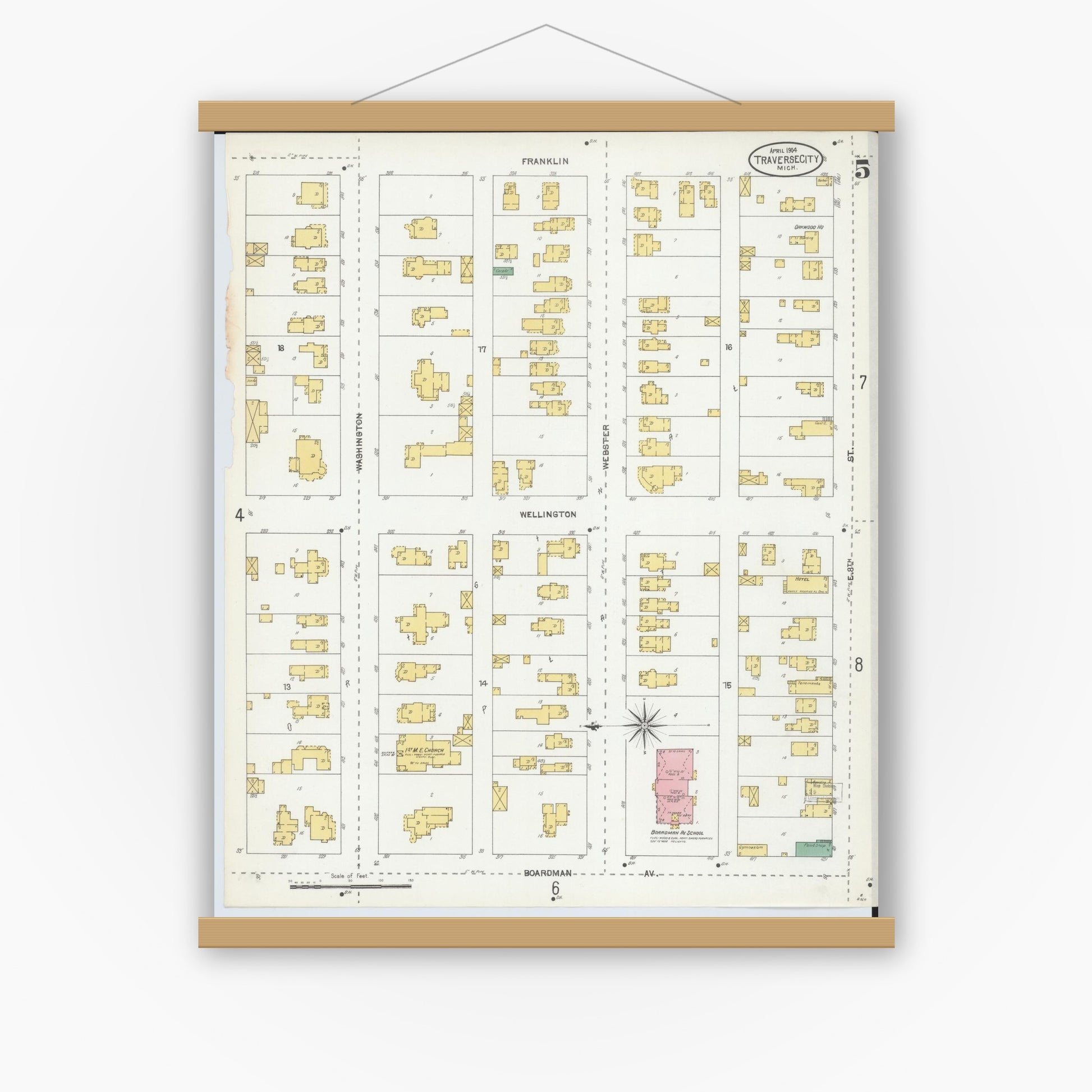 Old map wall art mockup — magnetic wood frame on white wall — Sanborn Fire Insurance Map from Traverse City, Grand Traverse County, Michigan (1904), Sheet #0005