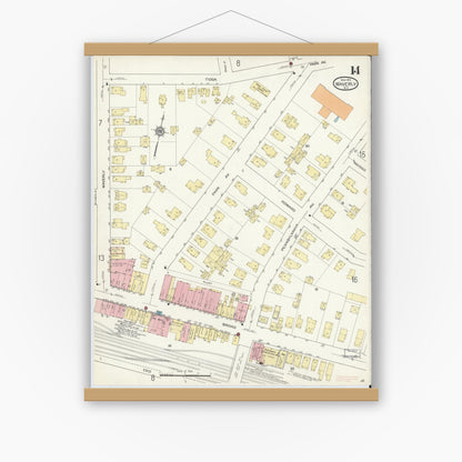 Old map wall art mockup — magnetic wood frame on white wall — Sanborn Fire Insurance Map from Waverly, Tioga County, New York (1914), Sheet #0014