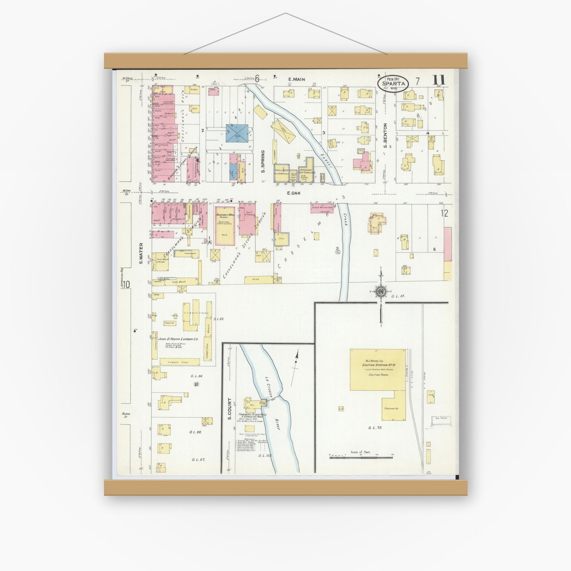 Old map wall art mockup — magnetic wood frame on white wall — Sanborn Fire Insurance Map from Sparta, Monroe County, Wisconsin (1911), Sheet #0011