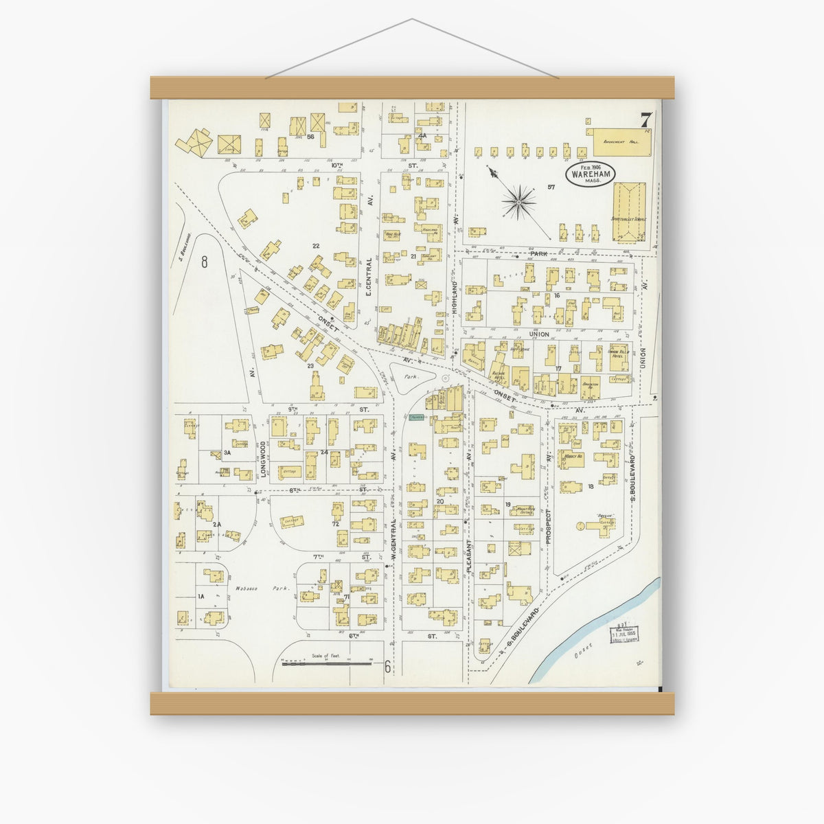 Old map wall art mockup — magnetic wood frame on white wall — Sanborn Fire Insurance Map from Wareham, Plymouth County, Massachusetts (1906), Sheet #0007