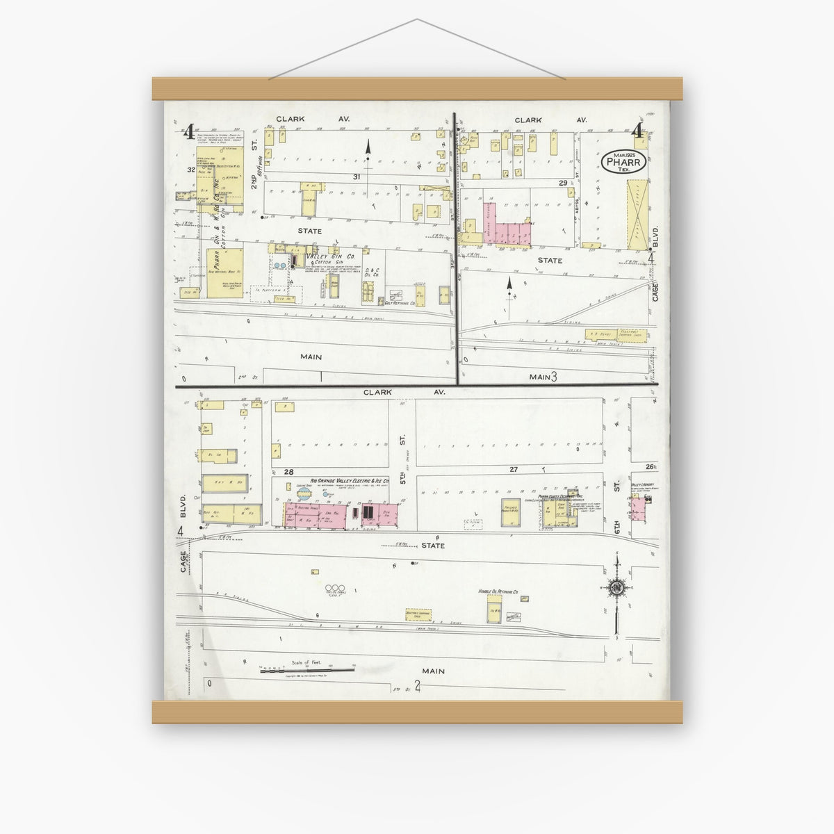 Old map wall art mockup — magnetic wood frame on white wall — Sanborn Fire Insurance Map from Pharr, Hidalgo County, Texas (1925), Sheet #0004