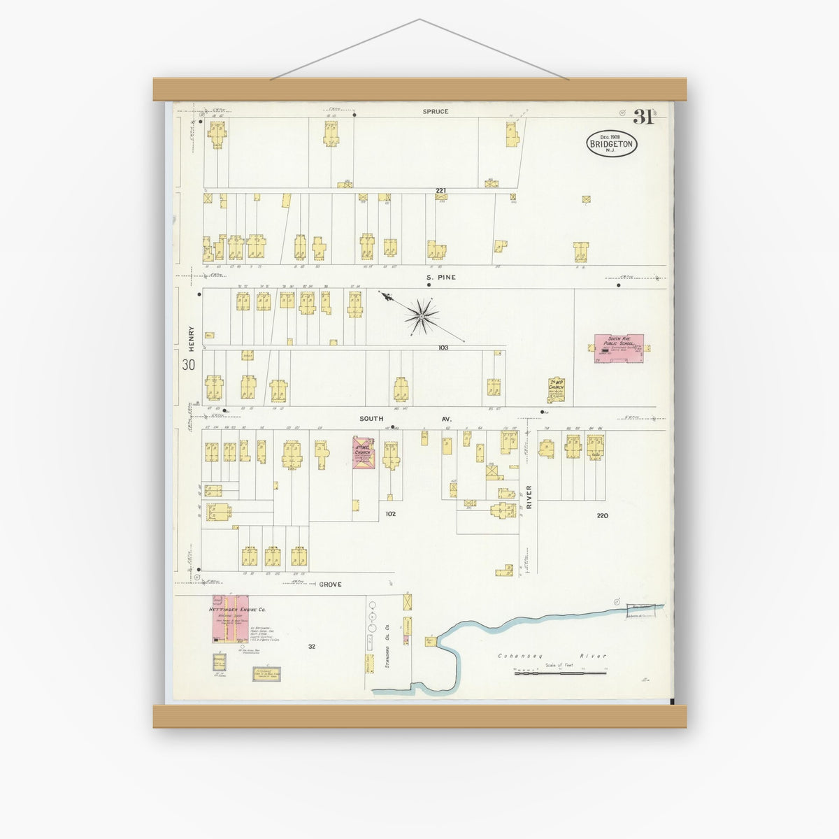 Old map wall art mockup — magnetic wood frame on white wall — Sanborn Fire Insurance Map from Bridgeton, Cumberland County, New Jersey (1908), Sheet #0031