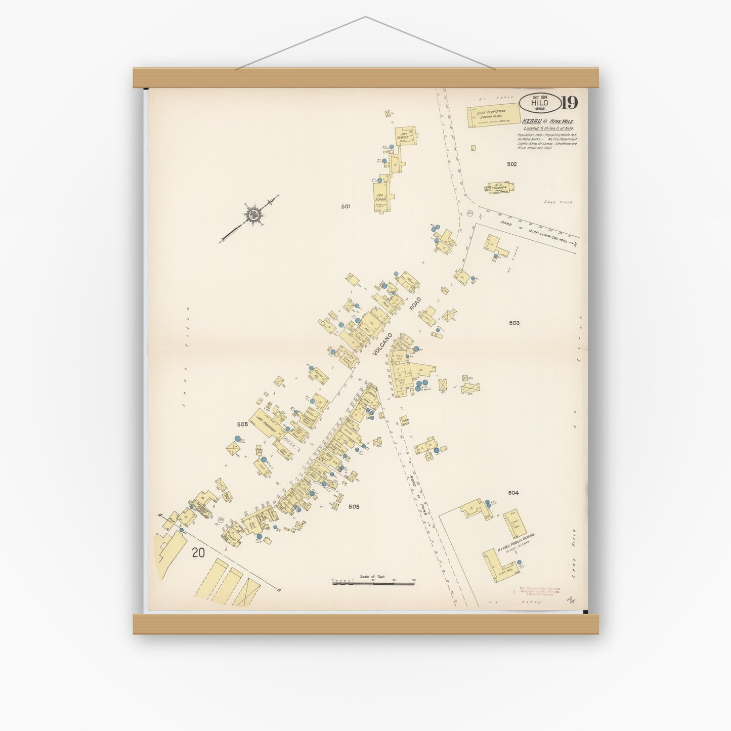 Old map wall art mockup — magnetic wood frame on white wall — Sanborn Fire Insurance Map from Hilo, Hawaii County, Hawaii (1914), Sheet #0019