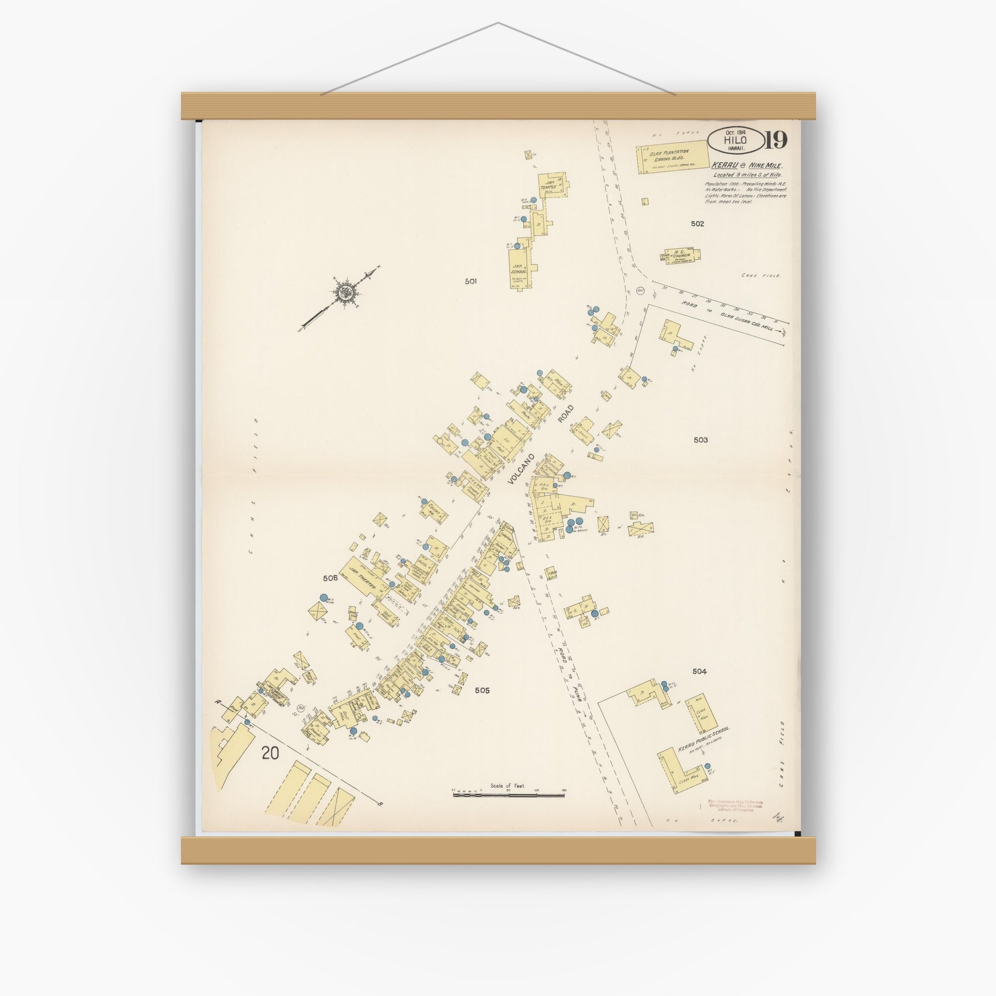 Old map wall art mockup — magnetic wood frame on white wall — Sanborn Fire Insurance Map from Hilo, Hawaii County, Hawaii (1914), Sheet #0019