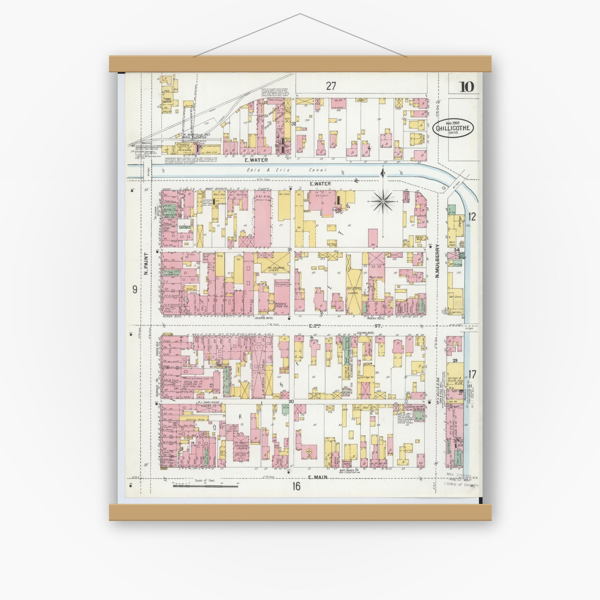 Old map wall art mockup — magnetic wood frame on white wall — Sanborn Fire Insurance Map from Chillicothe, Ross County, Ohio (1900), Sheet #0010