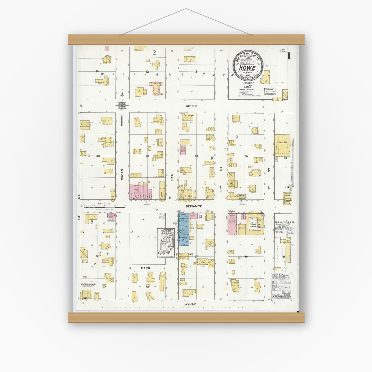 Old map wall art mockup — magnetic wood frame on white wall — Sanborn Fire Insurance Map from Howe, LaGrange County, Indiana (1917) - Complete Map Set