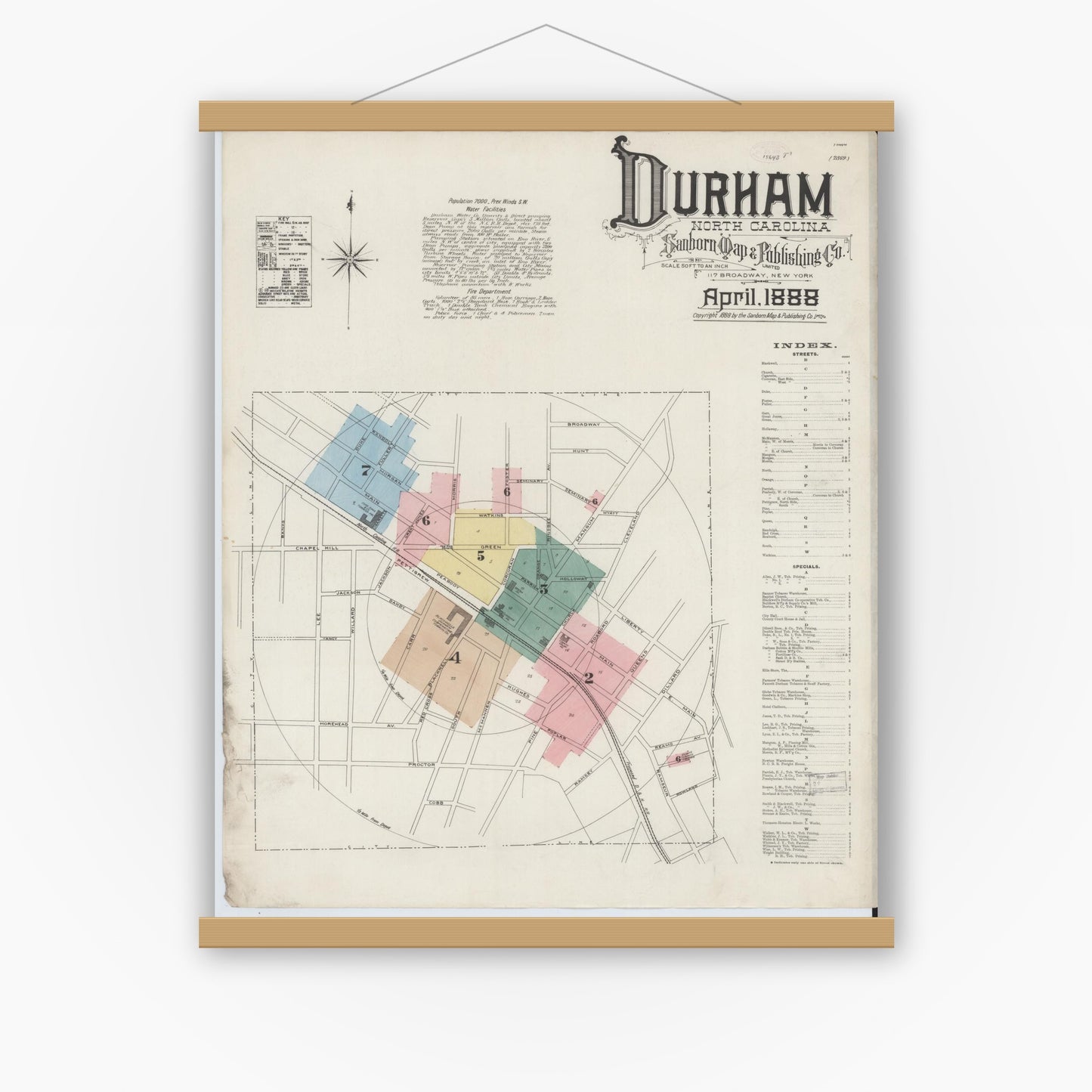 Old map wall art mockup — magnetic wood frame on white wall — Sanborn Fire Insurance Map from Durham, Durham County, North Carolina (1888), Sheet #0001