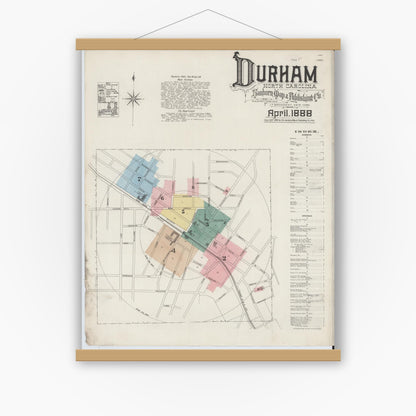 Old map wall art mockup — magnetic wood frame on white wall — Sanborn Fire Insurance Map from Durham, Durham County, North Carolina (1888), Sheet #0001