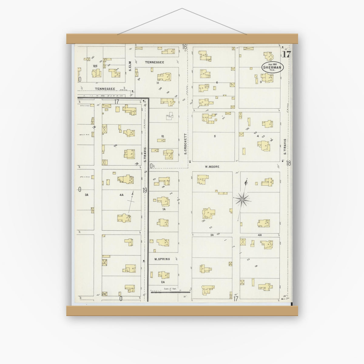 Old map wall art mockup — magnetic wood frame on white wall — Sanborn Fire Insurance Map from Sherman, Grayson County, Texas (1897), Sheet #0017