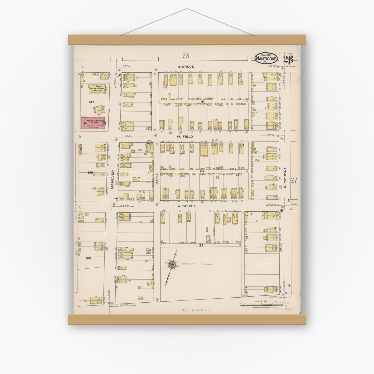 Old map wall art mockup — magnetic wood frame on white wall — Sanborn Fire Insurance Map from Nanticoke, Luzerne County, Pennsylvania (1920), Sheet #0026