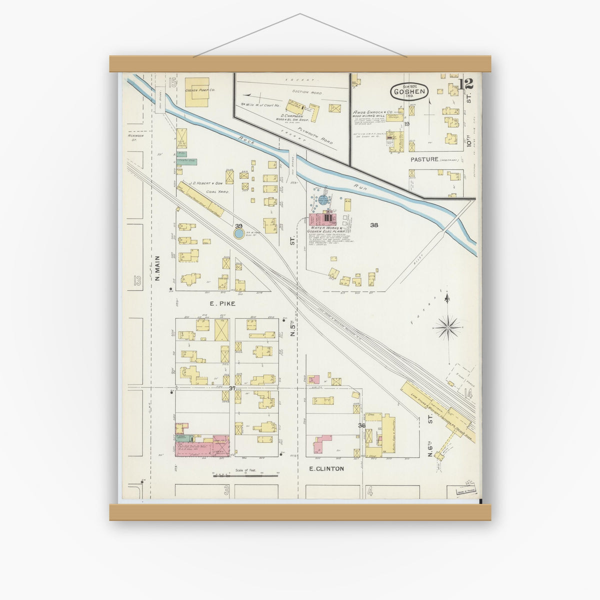 Old map wall art mockup — magnetic wood frame on white wall — Sanborn Fire Insurance Map from Goshen, Elkhart County, Indiana (1892), Sheet #0012