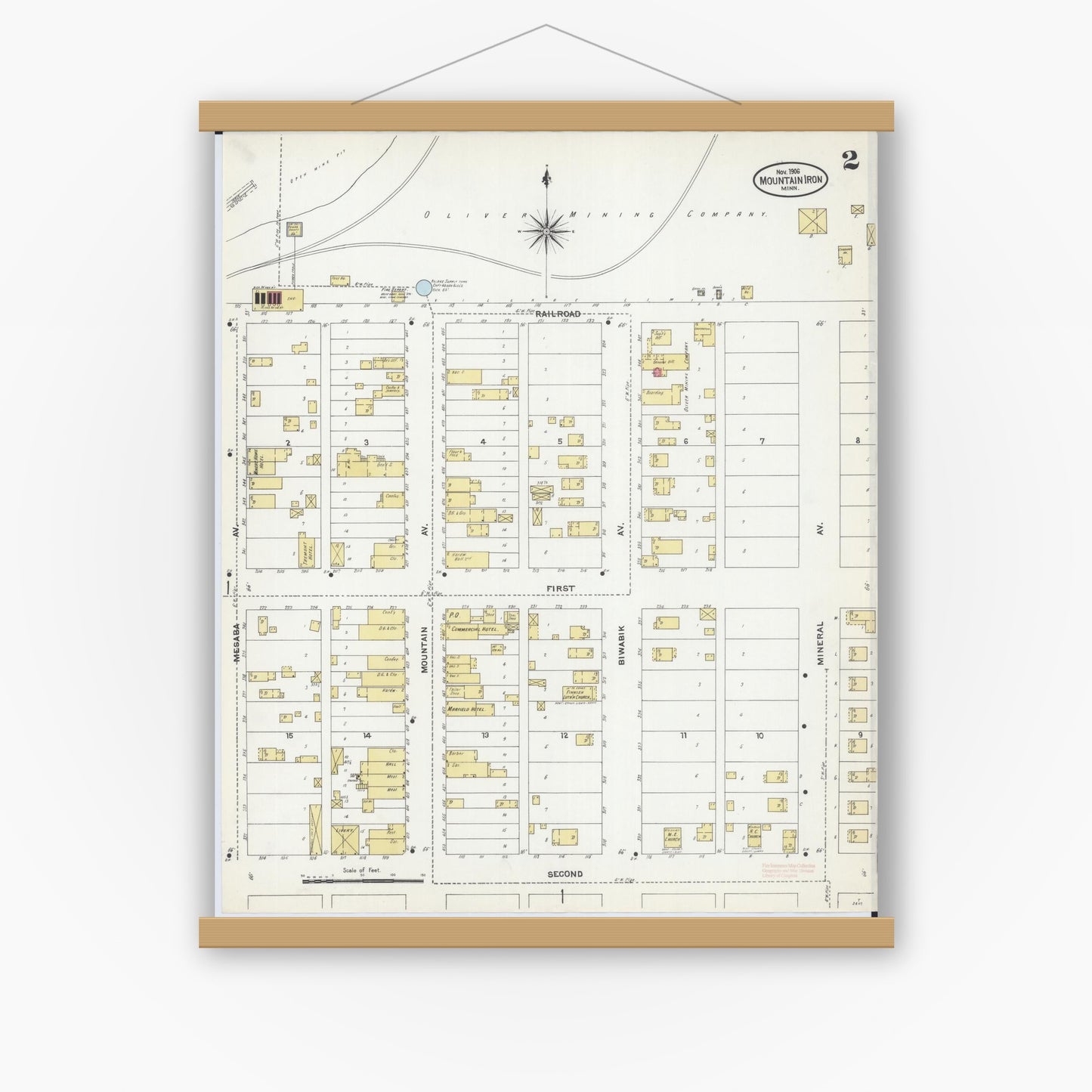 Old map wall art mockup — magnetic wood frame on white wall — Sanborn Fire Insurance Map from Mountain Iron, Saint Louis County, Minnesota (1906), Sheet #0002