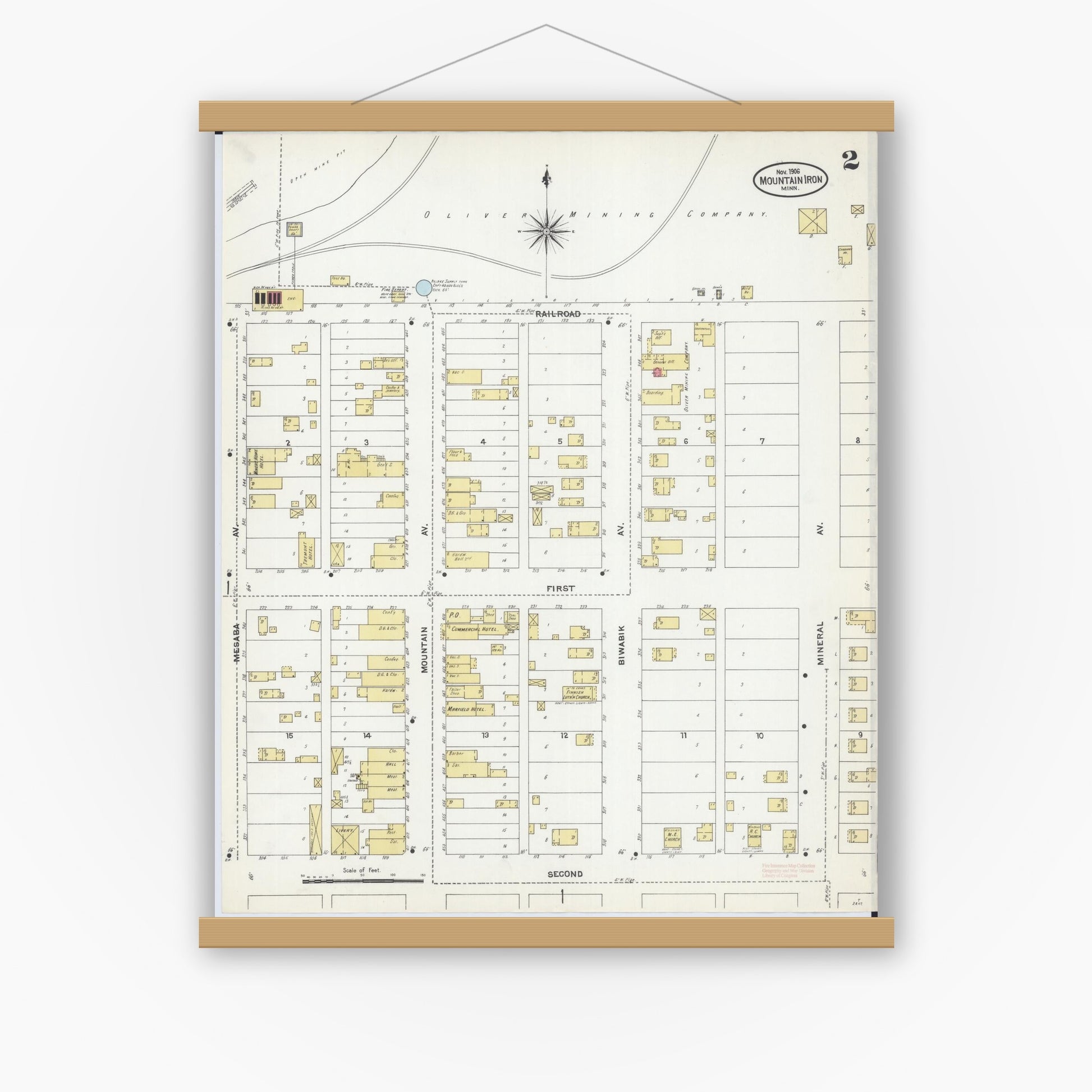 Old map wall art mockup — magnetic wood frame on white wall — Sanborn Fire Insurance Map from Mountain Iron, Saint Louis County, Minnesota (1906), Sheet #0002