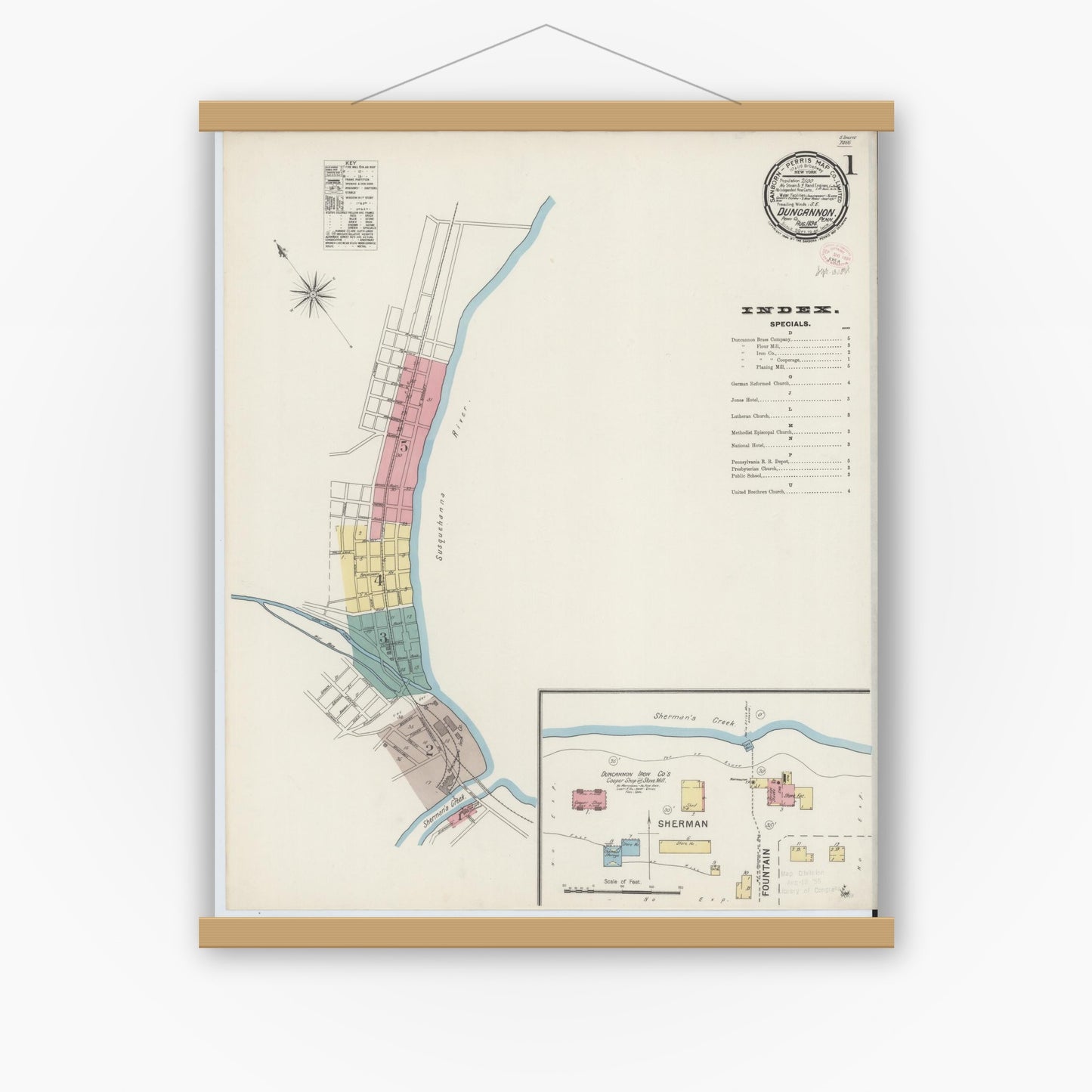Old map wall art mockup — magnetic wood frame on white wall — Sanborn Fire Insurance Map from Duncannon, Perry County, Pennsylvania (1894) - Complete Map Set