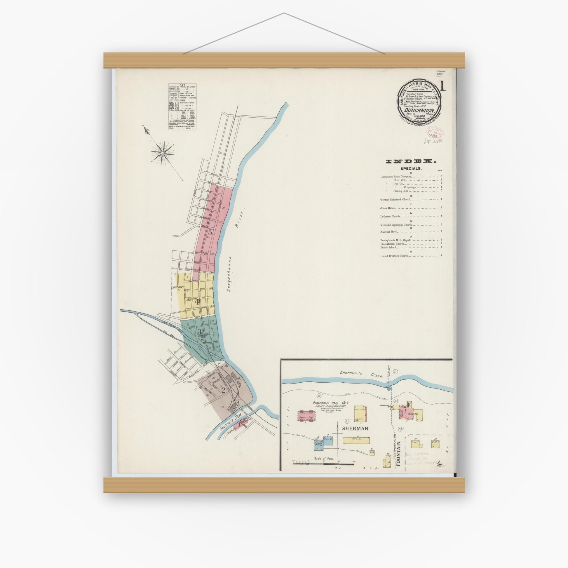 Old map wall art mockup — magnetic wood frame on white wall — Sanborn Fire Insurance Map from Duncannon, Perry County, Pennsylvania (1894) - Complete Map Set