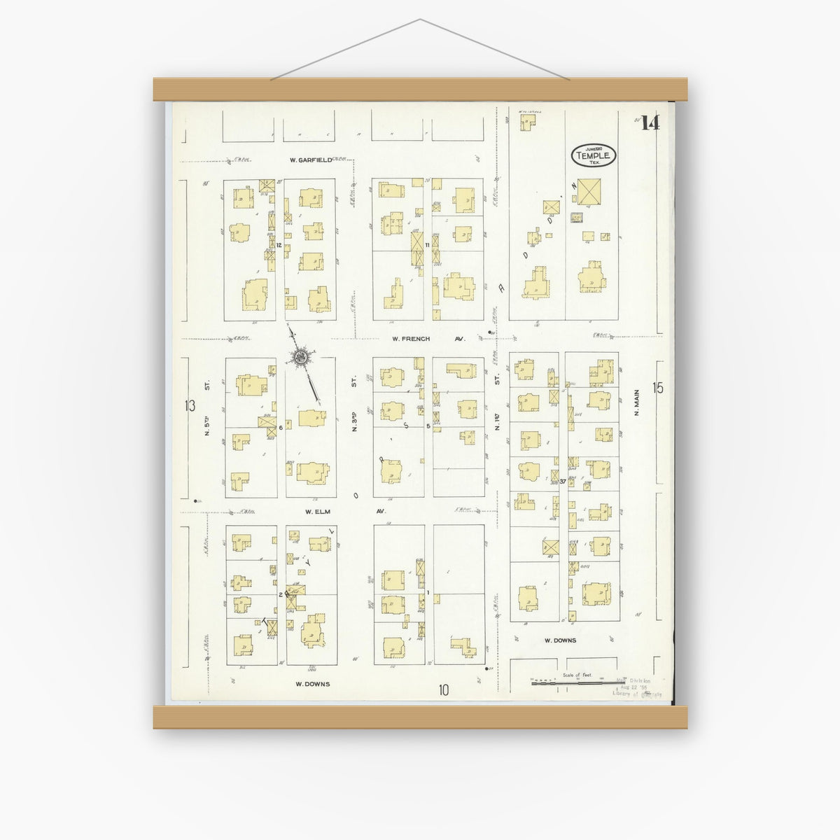 Old map wall art mockup — magnetic wood frame on white wall — Sanborn Fire Insurance Map from Temple, Bell County, Texas (1910), Sheet #0014
