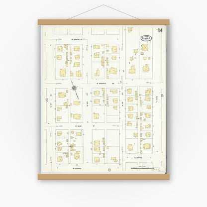 Old map wall art mockup — magnetic wood frame on white wall — Sanborn Fire Insurance Map from Temple, Bell County, Texas (1910), Sheet #0014