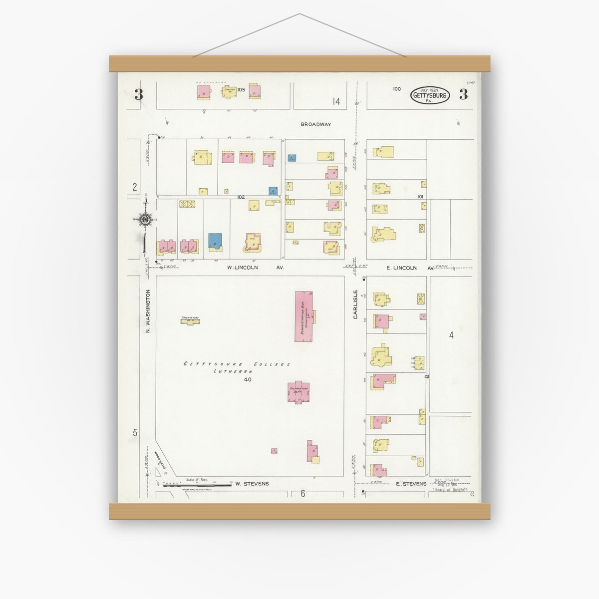 Old map wall art mockup — magnetic wood frame on white wall — Sanborn Fire Insurance Map from Gettysburg, Adams County, Pennsylvania (1924), Sheet #0003