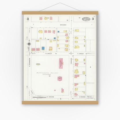 Old map wall art mockup — magnetic wood frame on white wall — Sanborn Fire Insurance Map from Gettysburg, Adams County, Pennsylvania (1924), Sheet #0003