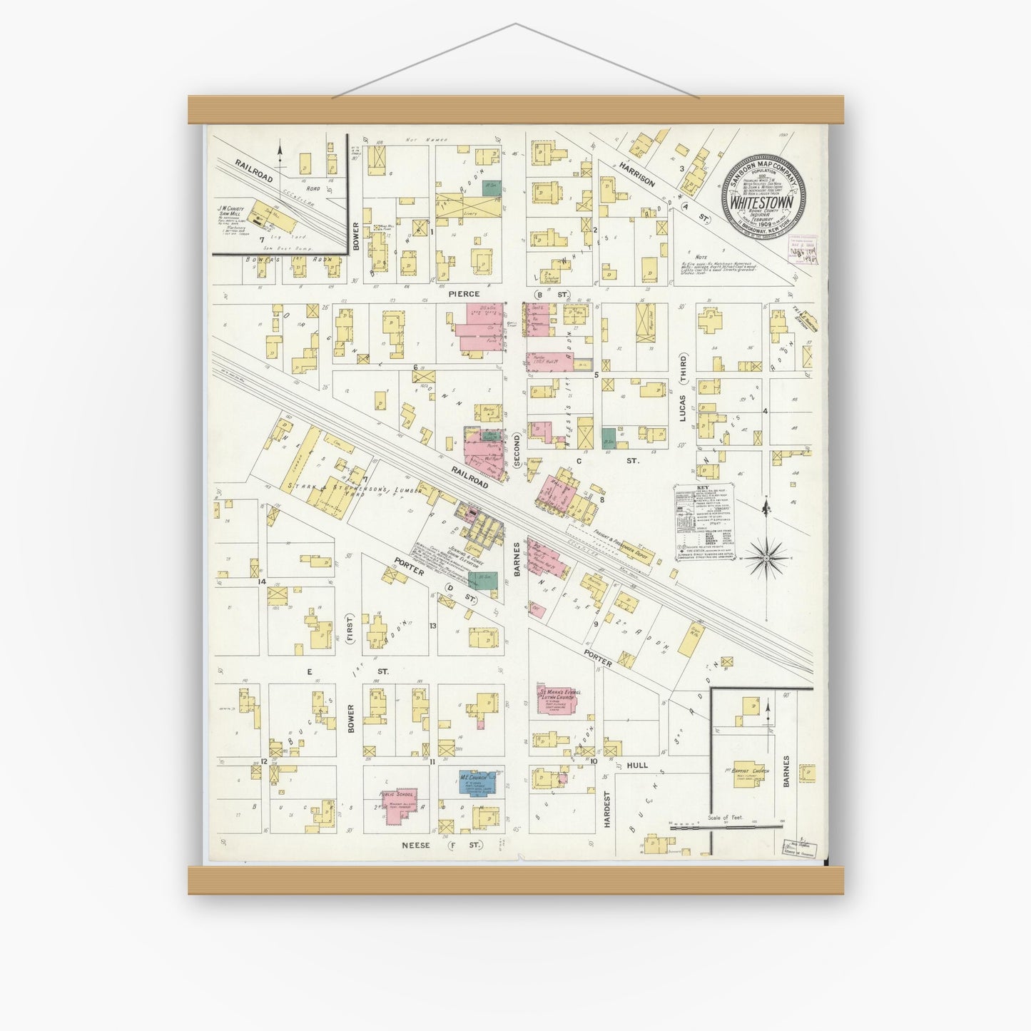 Old map wall art mockup — magnetic wood frame on white wall — Sanborn Fire Insurance Map from Whitestown, Boone County, Indiana (1909), Sheet #0001