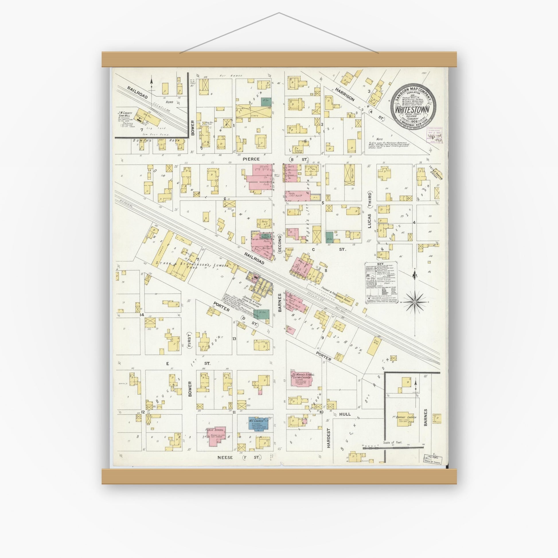 Old map wall art mockup — magnetic wood frame on white wall — Sanborn Fire Insurance Map from Whitestown, Boone County, Indiana (1909), Sheet #0001