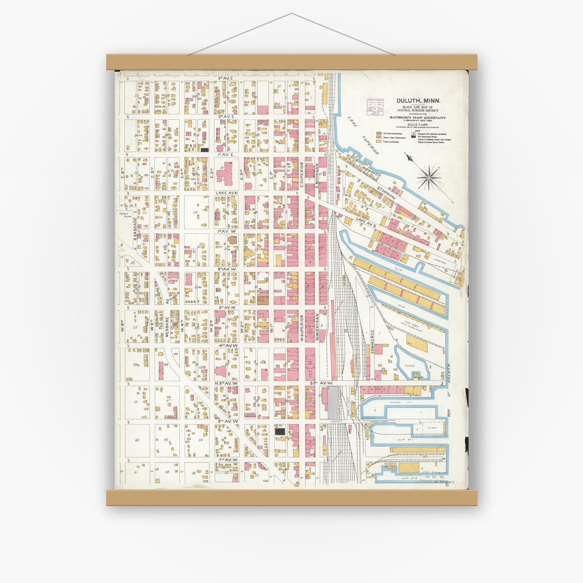 Old map wall art mockup — magnetic wood frame on white wall — Sanborn Fire Insurance Map from Duluth, Saint Louis County, Minnesota (1906), Sheet #0001