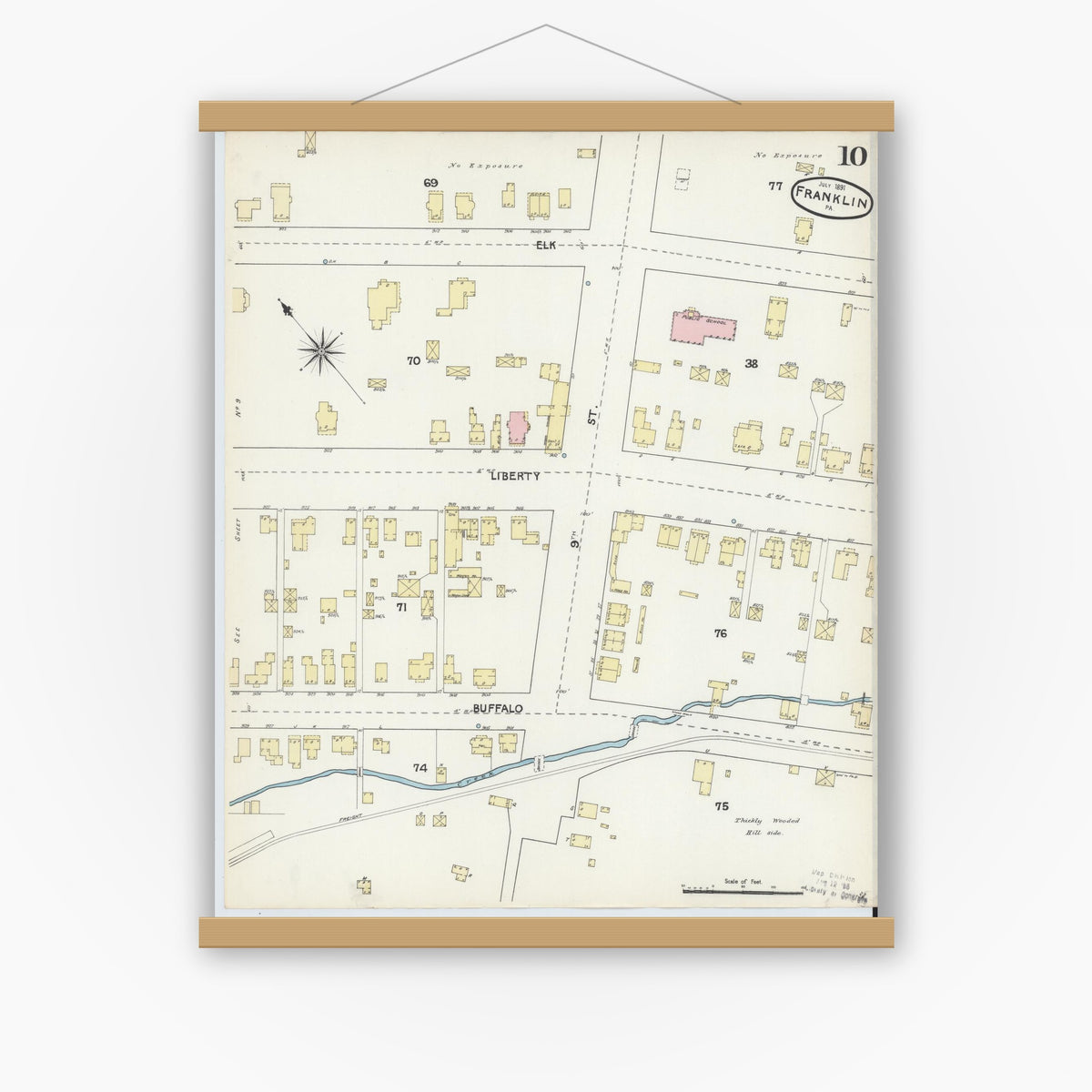 Old map wall art mockup — magnetic wood frame on white wall — Sanborn Fire Insurance Map from Franklin, Venango County, Pennsylvania (1891), Sheet #0010