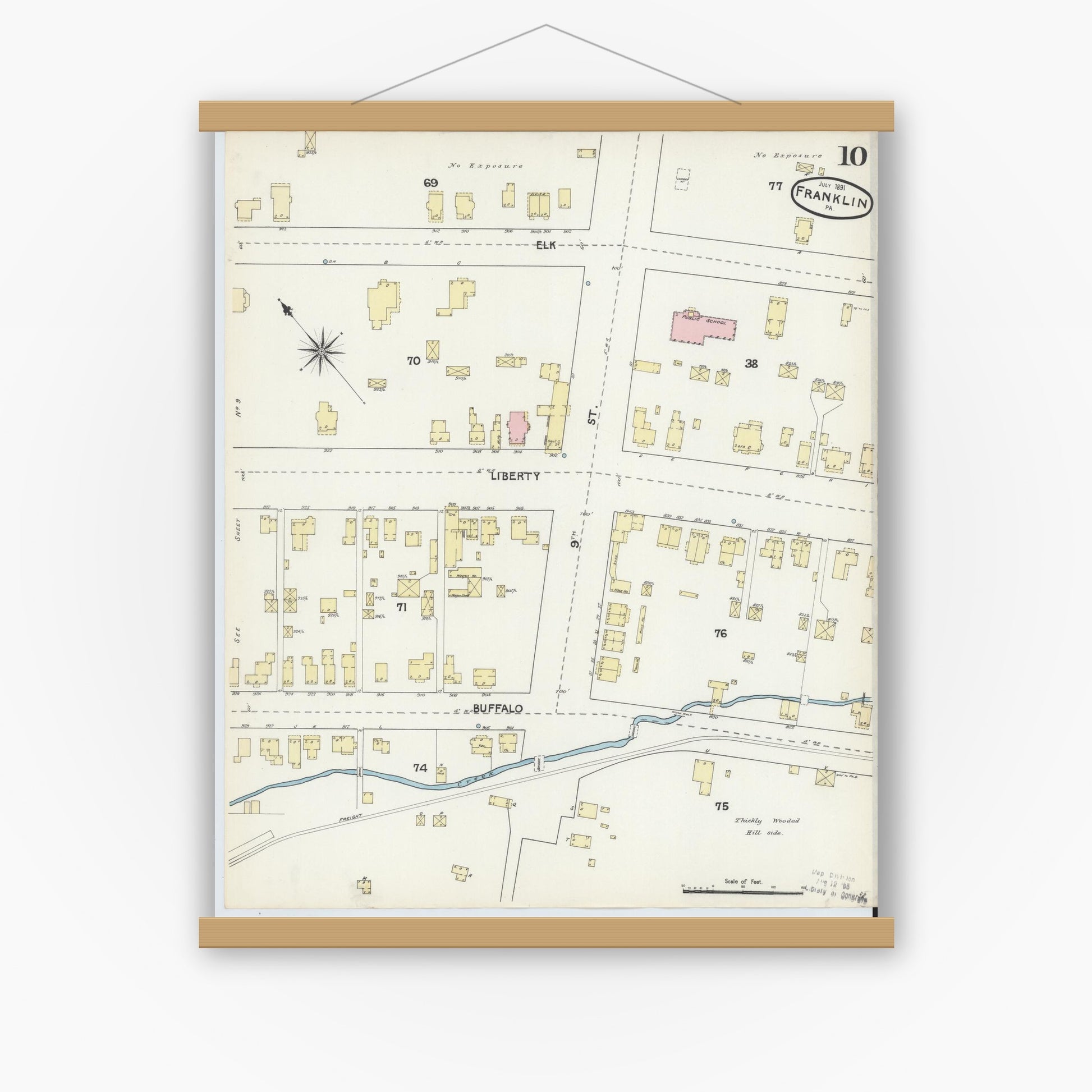 Old map wall art mockup — magnetic wood frame on white wall — Sanborn Fire Insurance Map from Franklin, Venango County, Pennsylvania (1891), Sheet #0010