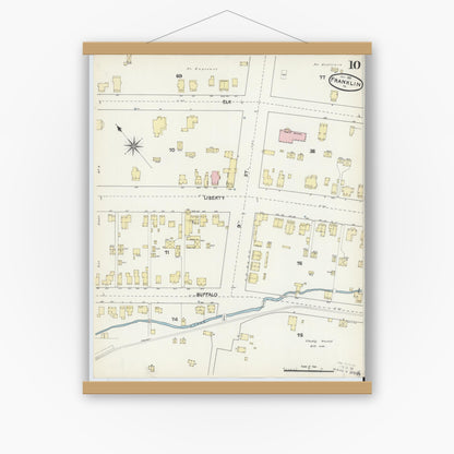 Old map wall art mockup — magnetic wood frame on white wall — Sanborn Fire Insurance Map from Franklin, Venango County, Pennsylvania (1891), Sheet #0010