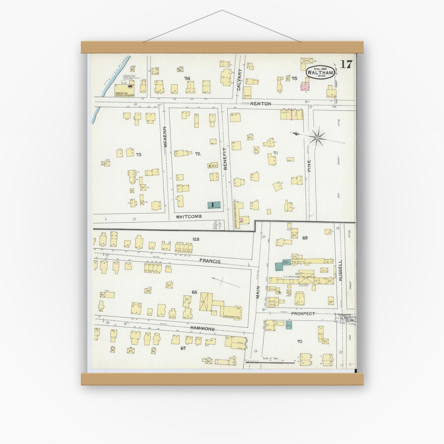 Old map wall art mockup — magnetic wood frame on white wall — Sanborn Fire Insurance Map from Waltham, Middlesex County, Massachusetts (1892), Sheet #0017