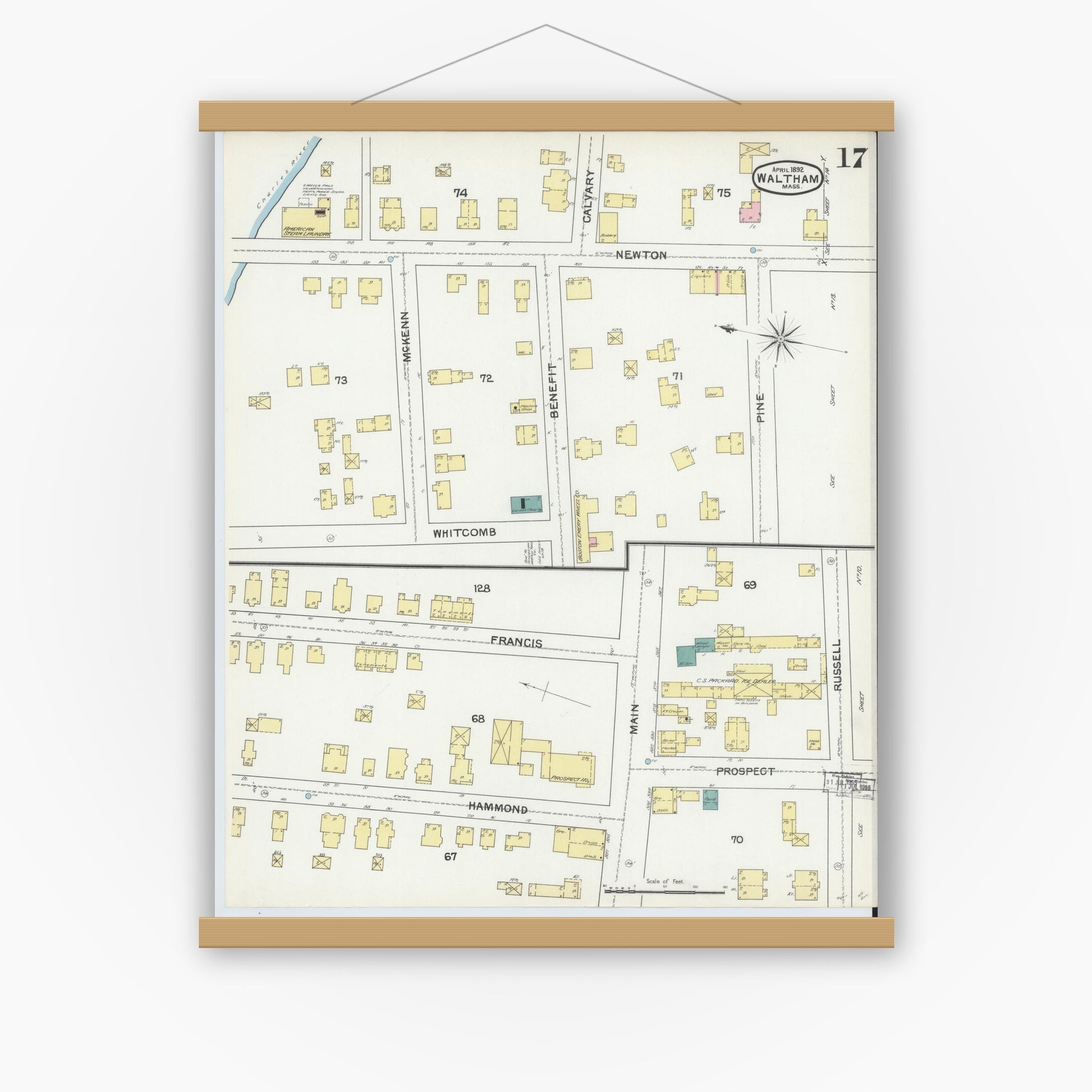 Old map wall art mockup — magnetic wood frame on white wall — Sanborn Fire Insurance Map from Waltham, Middlesex County, Massachusetts (1892), Sheet #0017