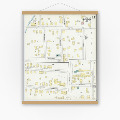 Old map wall art mockup — magnetic wood frame on white wall — Sanborn Fire Insurance Map from Waltham, Middlesex County, Massachusetts (1892), Sheet #0017