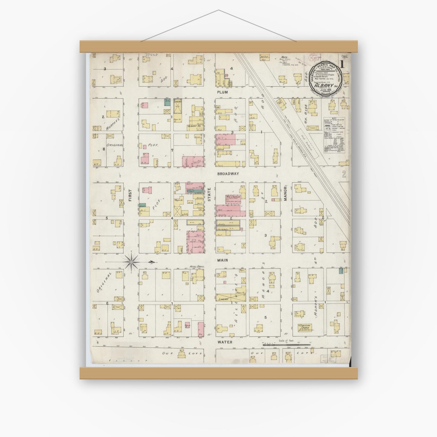 Old map wall art mockup — magnetic wood frame on white wall — Sanborn Fire Insurance Map from Albany, Delaware County, Indiana (1895) - Complete Map Set